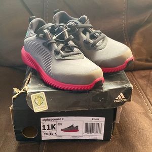 Adidas. Size 11k (kids). Gray/pink Alpha Bounce shoes. New, never worn.